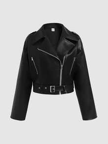 SHEIN Teen Girl Streetwear PU Metal Zipper Front Cropped Black Leather Faux Jacket Fall/Winter - Black - View 2