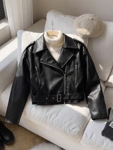 SHEIN Teen Girl Streetwear PU Metal Zipper Front Cropped Black Leather Faux Jacket Fall/Winter - Black - View 9