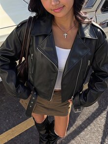 SHEIN Teen Girl Streetwear PU Metal Zipper Front Cropped Black Leather Faux Jacket Fall/Winter - Black - View 12