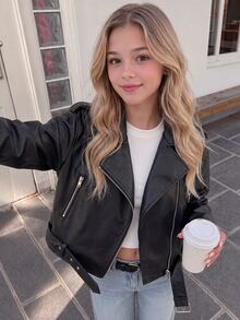 SHEIN Teen Girl Streetwear PU Metal Zipper Front Cropped Black Leather Faux Jacket Fall/Winter - Black - View 13