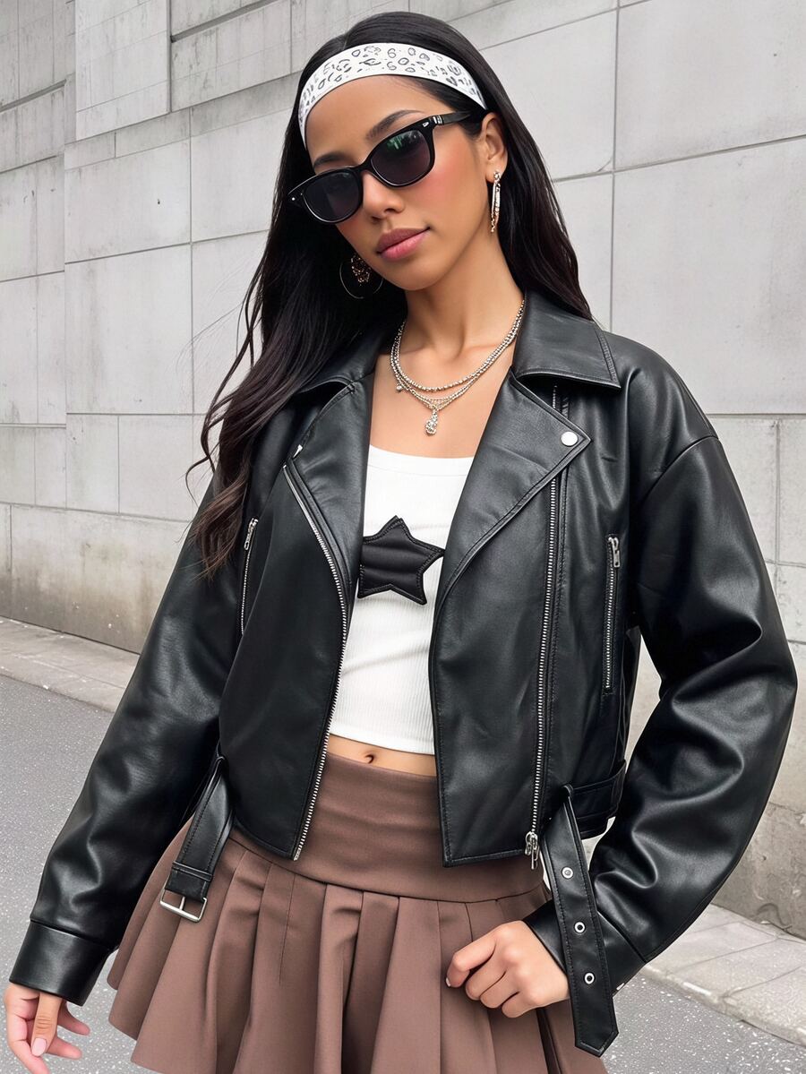 SHEIN Teen Girl Streetwear PU Metal Zipper Front Cropped Black Leather Faux Jacket Fall/Winter - Black - View 1