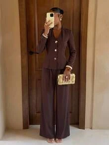 Lumalex Fall Winter Elegant Commuter Solid Color Light Yellow Long Sleeve Blazer And Pants Set,Front Mid-Deep V-Neck Daily-To-Gala Versatility Quiet Luxury Me - Brown - View 3