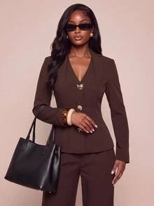 Lumalex Fall Winter Elegant Commuter Solid Color Light Yellow Long Sleeve Blazer And Pants Set,Front Mid-Deep V-Neck Daily-To-Gala Versatility Quiet Luxury Me - Brown - View 2