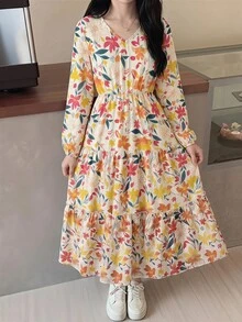 SHEIN 青少年女孩碎花V領泡泡袖洋裝，休閒度假風碎花洋裝，卡其色/杏色 - 黃色 - 查看 7