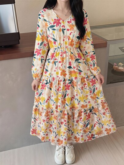 SHEIN Tween Girl Ditsy Floral V-Neck Puff Sleeve Dress, Casual Resort Floral Dress, Khaki/Apricot