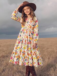 SHEIN 青少年女孩碎花V領泡泡袖洋裝，休閒度假風碎花洋裝，卡其色/杏色 - 黃色 - 查看 6