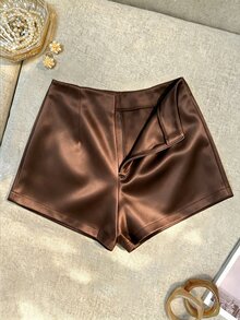 SHEIN Franclia Elegant 2026 Spring Summer Fall Winter High Waist Satin Shorts Solid Dark Brown Zip Front Straight Leg Short Pants Bottoms For Office Brunch Night - Brown - View 2
