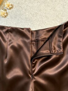 SHEIN Franclia Elegant 2026 Spring Summer Fall Winter High Waist Satin Shorts Solid Dark Brown Zip Front Straight Leg Short Pants Bottoms For Office Brunch Night - Brown - View 4