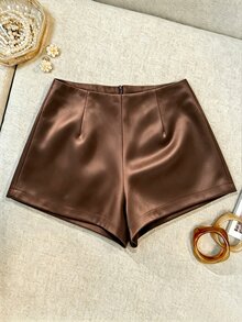 SHEIN Franclia Elegant 2026 Spring Summer Fall Winter High Waist Satin Shorts Solid Dark Brown Zip Front Straight Leg Short Pants Bottoms For Office Brunch Night - Brown - View 3