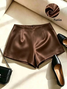 SHEIN Franclia Elegant 2026 Spring Summer Fall Winter High Waist Satin Shorts Solid Dark Brown Zip Front Straight Leg Short Pants Bottoms For Office Brunch Night - Brown - View 1