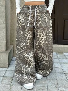 Rivivi 大尺碼豹紋高腰寬鬆寬腿牛仔褲，秋冬款，女款萬聖節裝扮 - 棕色 - 查看 6
