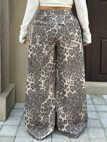 Rivivi 大尺碼豹紋高腰寬鬆寬腿牛仔褲，秋冬款，女款萬聖節裝扮 - 棕色 - 查看 2