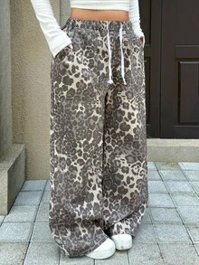 Rivivi 大尺碼豹紋高腰寬鬆寬腿牛仔褲，秋冬款，女款萬聖節裝扮 - 棕色 - 查看 4