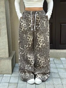 Rivivi 大尺碼豹紋高腰寬鬆寬腿牛仔褲，秋冬款，女款萬聖節裝扮 - 棕色 - 查看 3