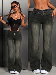 SHEIN Tall 1pc High Waist Flare Leg Jeans - Black - View 2