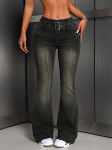 SHEIN Tall 1pc High Waist Flare Leg Jeans - Black - View 5