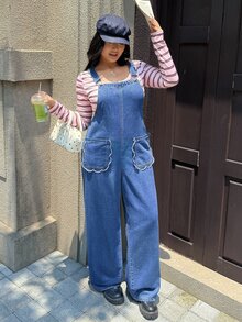 Rivivi Plus Size Women's Casual Fashion Denim Overalls - Dark Wash - View 3
