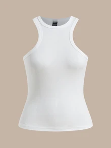 SHEIN BASICS Women's Solid Color Fitted Tank Top With Small Round Neckline Tops For Women White Tops - White - View 7