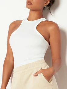 SHEIN BASICS Women's Solid Color Fitted Tank Top With Small Round Neckline Tops For Women White Tops - White - View 10