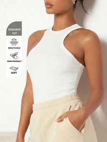 SHEIN BASICS Women's Solid Color Fitted Tank Top With Small Round Neckline Tops For Women White Tops - White - View 2