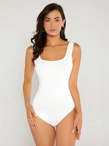 SHEIN BASICS 女款純色方領休閒極簡基礎連身衣 夏季女裝 日常居家 全白 - 白色 - 查看 5