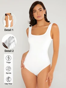 SHEIN BASICS 女款純色方領休閒極簡基礎連身衣 夏季女裝 日常居家 全白 - 白色 - 查看 7