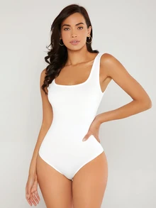 SHEIN BASICS 女款純色方領休閒極簡基礎連身衣 夏季女裝 日常居家 全白 - 白色 - 查看 6