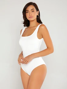 SHEIN BASICS 女款純色方領休閒極簡基礎連身衣 夏季女裝 日常居家 全白 - 白色 - 查看 4