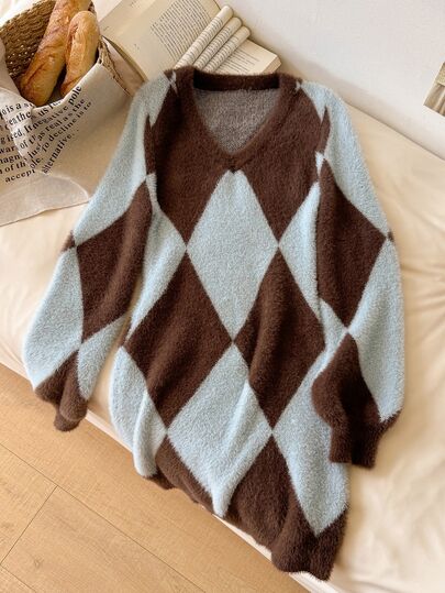 Story & Sage Casual Preppy Vintage Vacation Women's Sweater Dress, Fitted Plaid Brown And Blue V-Neck Autumn/Winter School Teacher Everyday