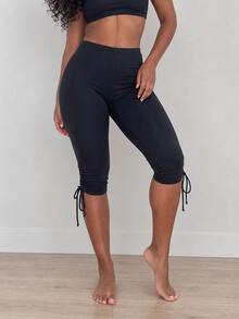 SHEIN Core Rhythm Women's Plus Size Solid Color Single Piece Leg Drawstring Sports Shorts Gym Pilates Black Summer Gym Fair Alternative Kawaii - Black - View 3