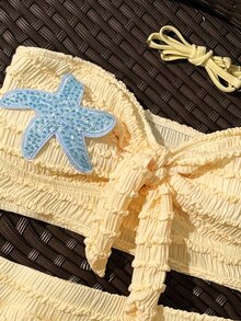 Vaytide Cute Yellow 2-Piece Textured High-Waisted Bow-Tie Spaghetti Strap Bikini Set,Starfish Decor,Summer Beach Vacation Holiday Holiday Popular Outfit - Pale Yellow - View 4