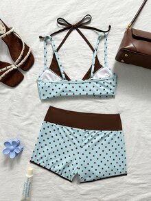 Bonvoyette Spring/Summer New American Retro Pink & Blue Cartoon Dopamine Style Fun Sardine Print Halter Neck Two Pieces Swimwear - Multicolor - View 2