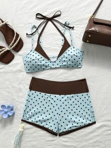Bonvoyette Spring/Summer New American Retro Pink & Blue Cartoon Dopamine Style Fun Sardine Print Halter Neck Two Pieces Swimwear - Multicolor - View 4