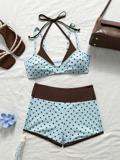Bonvoyette Spring/Summer New American Retro Pink & Blue Cartoon Dopamine Style Fun Sardine Print Halter Neck Two Pieces Swimwear