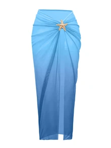 Bonvoyette 2件組連身泳衣套裝，時尚性感海星裝飾黑色腰部鏤空連身泳衣搭配優雅百褶開衩長裙，適合海灘度假、泳池派對與日常穿著 - 藍色 - 查看 6