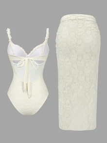 Bonvoyette Delicate Lace Fabric, Spaghetti Strap With Underwire, V-Neck With Frill Trim, Backless Lace-Up Design Women One-Piece Swimsuit - Apricot - View 2