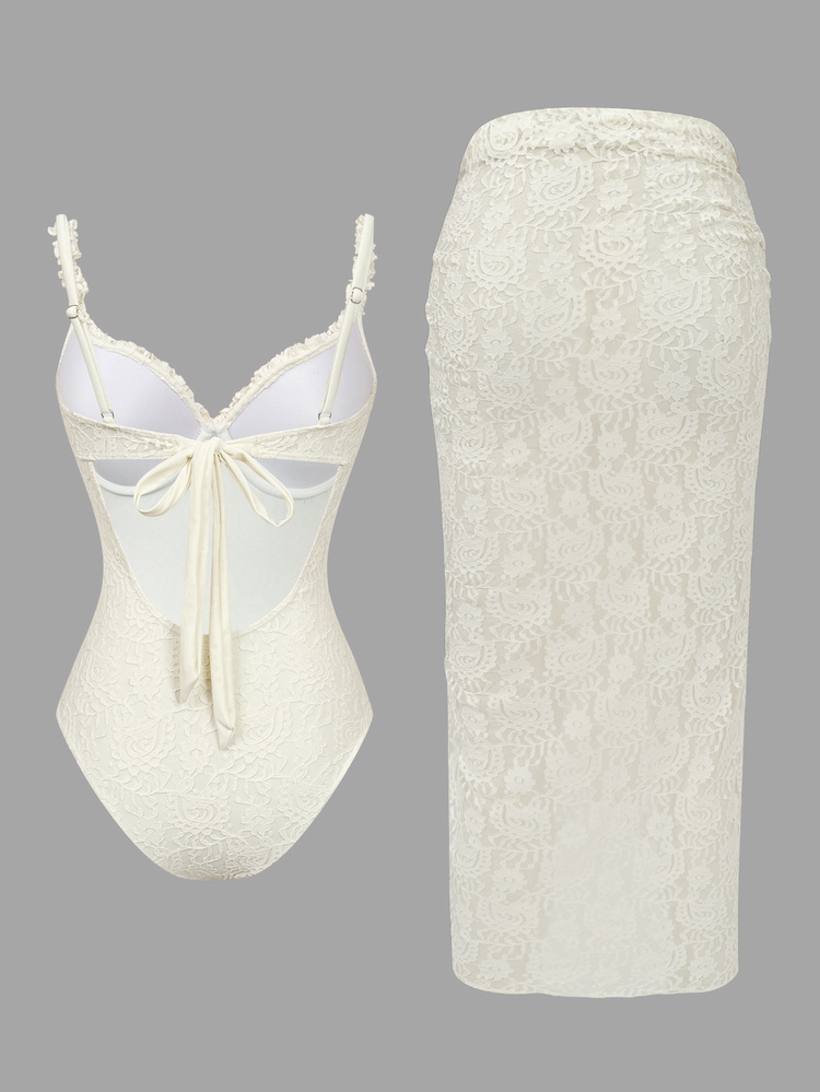 Bonvoyette Delicate Lace Fabric, Spaghetti Strap With Underwire, V-Neck With Frill Trim, Backless Lace-Up Design Women One-Piece Swimsuit - Apricot - View 2