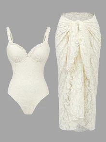 Bonvoyette Delicate Lace Fabric, Spaghetti Strap With Underwire, V-Neck With Frill Trim, Backless Lace-Up Design Women One-Piece Swimsuit - Apricot - View 6