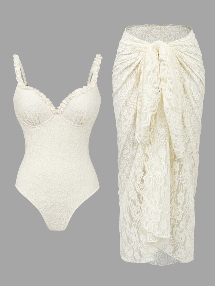 Bonvoyette Delicate Lace Fabric, Spaghetti Strap With Underwire, V-Neck With Frill Trim, Backless Lace-Up Design Women One-Piece Swimsuit - Apricot - View 6