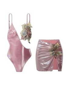 SHEIN Swim Swim Oasis 夏季新款高级套装 连体亮面刺绣花卉三角泳衣及沙滩裙套装（女士款） - 粉色 - 查看 8