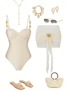Vaytide Swim Oasis 女士纯色细肩带米色钢圈连体泳衣，配有可拆卸肩带、可调节侧边荷叶边和可拆卸金属装饰网纱裙三件套泳衣 - 杏色 - 查看 4