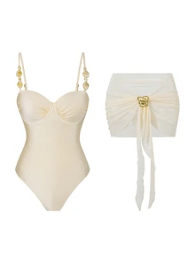 Vaytide Swim Oasis 女士纯色细肩带米色钢圈连体泳衣，配有可拆卸肩带、可调节侧边荷叶边和可拆卸金属装饰网纱裙三件套泳衣 - 杏色 - 查看 5
