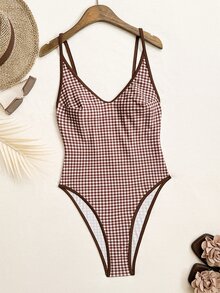 Swim Vcay 熱銷女款龍蝦印花露背極簡熱帶風 70 年代風格連身泳衣，棕色條紋，適合海灘派對夏季穿著 - 彩色 - 查看 4
