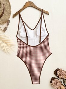 Swim Vcay 熱銷女款龍蝦印花露背極簡熱帶風 70 年代風格連身泳衣，棕色條紋，適合海灘派對夏季穿著 - 彩色 - 查看 2
