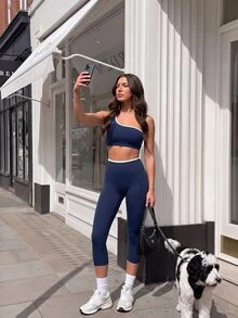 SHEIN Sports Women's Casual Striped Colorblock One-Shoulder Tank Top And Fitted Cropped Leggings Sports Set - Navy Blue - View 9