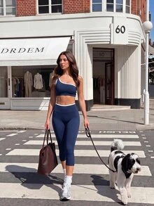 SHEIN Sports Women's Casual Striped Colorblock One-Shoulder Tank Top And Fitted Cropped Leggings Sports Set - Navy Blue - View 8