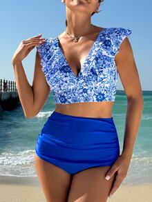 Swim Lushoire Women V-Neck Blue Floral Top,Plain Ruched High Waist Bottom Tankini Set,Ruffle Edge Summer Boho Beach Party Holiday,Swimming Pool Vacation Swimwear - Blue and White - View 6