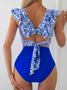 Swim Lushoire Women V-Neck Blue Floral Top,Plain Ruched High Waist Bottom Tankini Set,Ruffle Edge Summer Boho Beach Party Holiday,Swimming Pool Vacation Swimwear - Blue and White - View 2