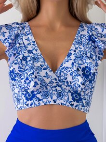 Swim Lushoire Women V-Neck Blue Floral Top,Plain Ruched High Waist Bottom Tankini Set,Ruffle Edge Summer Boho Beach Party Holiday,Swimming Pool Vacation Swimwear - Blue and White - View 5