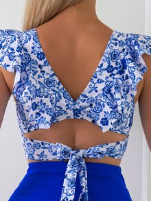 Swim Lushoire Women V-Neck Blue Floral Top,Plain Ruched High Waist Bottom Tankini Set,Ruffle Edge Summer Boho Beach Party Holiday,Swimming Pool Vacation Swimwear - Blue and White - View 4